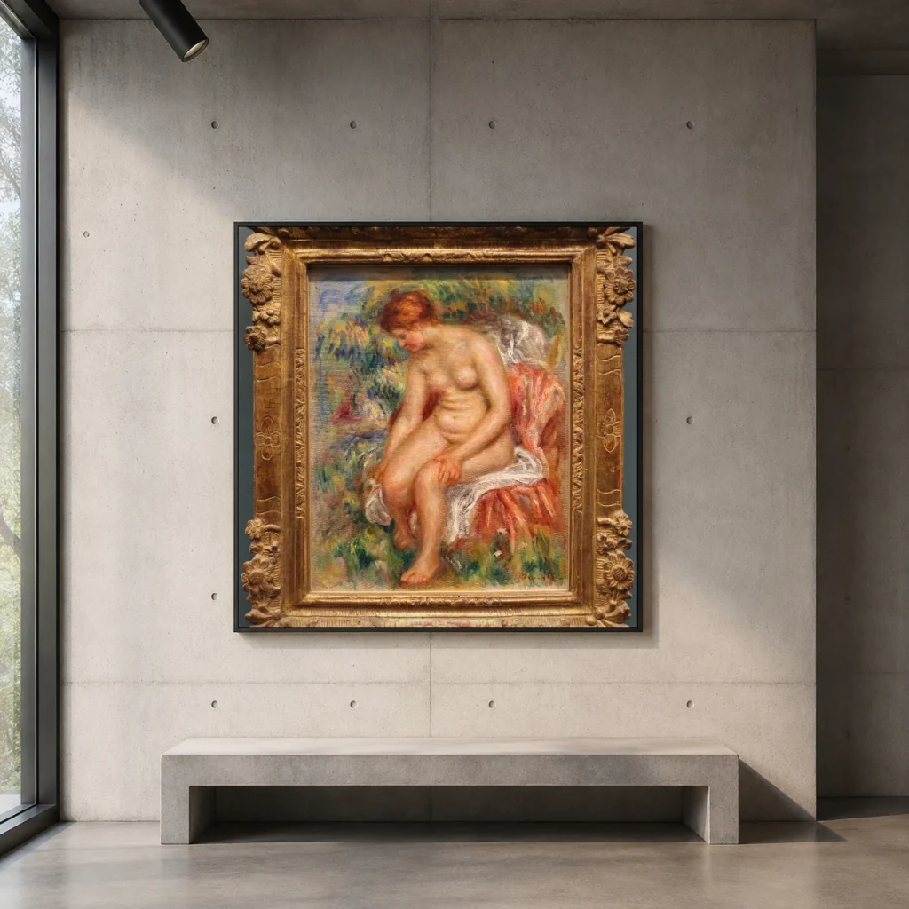 Framed print of Seated Bather Drying Her Leg hanging on a wall in a furnished room