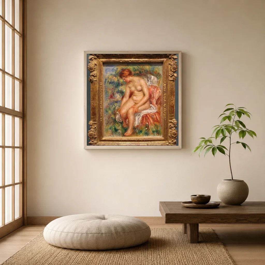 Framed print of Seated Bather Drying Her Leg hanging on a wall in a furnished room