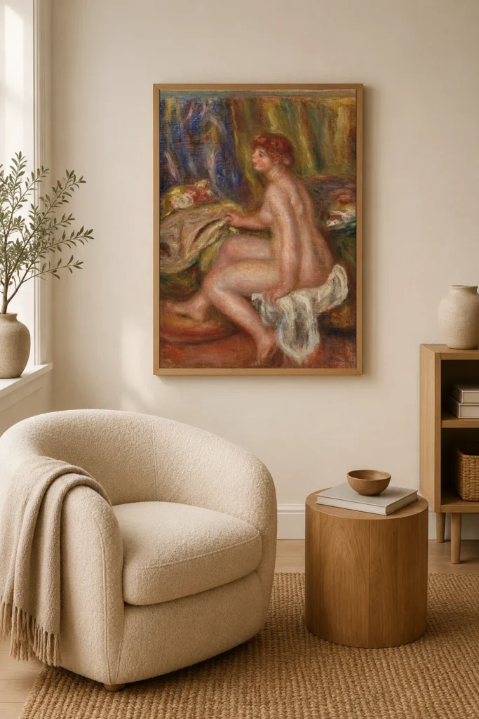 Framed print of Seated Female Nude, Profile View (Femme nue assise, vue de profil) hanging on a wall in a furnished room
