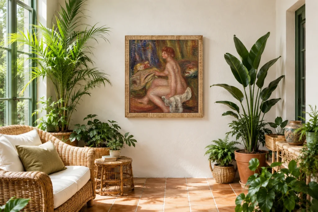 Framed print of Seated Female Nude, Profile View (Femme nue assise, vue de profil) hanging on a wall in a furnished room