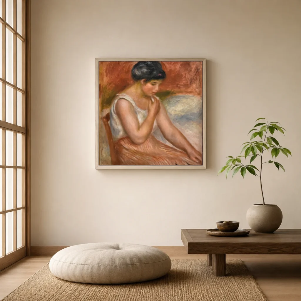 Framed print of Seated Girl in striped Skirt hanging on a wall in a furnished room