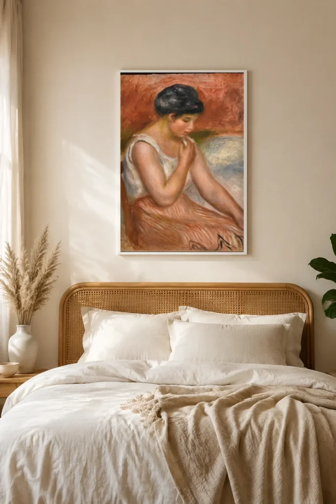 Framed print of Seated Girl in striped Skirt hanging on a wall in a furnished room