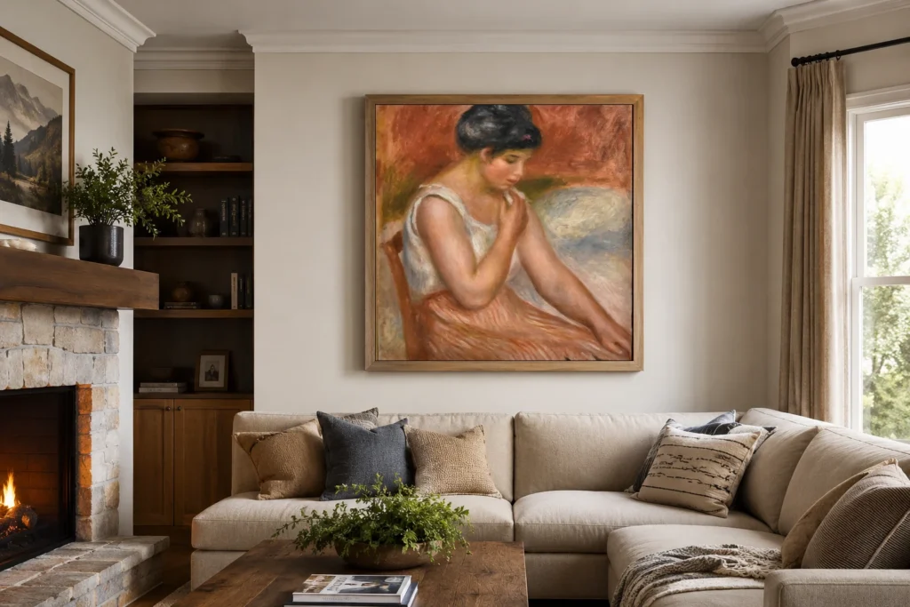 Framed print of Seated Girl in striped Skirt hanging on a wall in a furnished room
