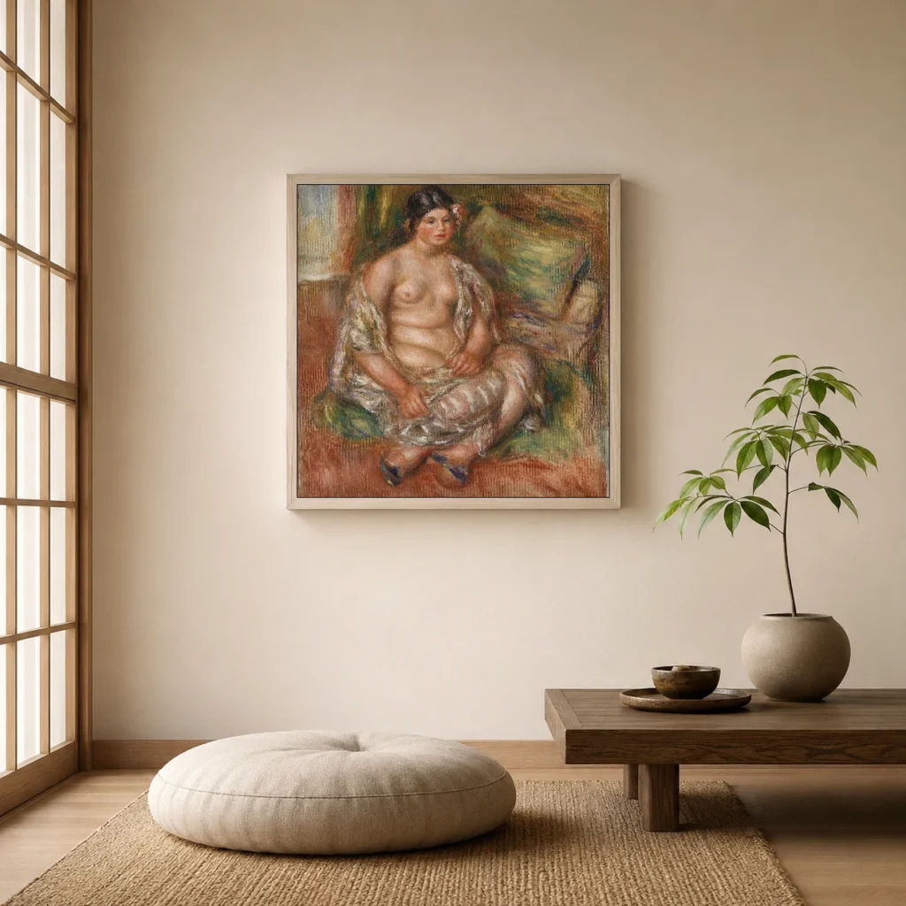 Framed print of Seated Odalisque (Odalisque assise) hanging on a wall in a furnished room