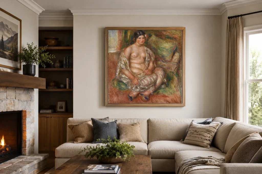 Framed print of Seated Odalisque (Odalisque assise) hanging on a wall in a furnished room