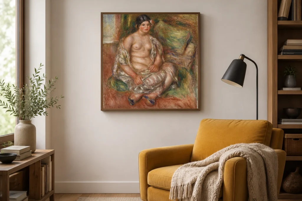 Framed print of Seated Odalisque (Odalisque assise) hanging on a wall in a furnished room