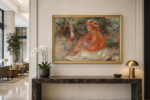 Framed print of Seated Woman (Femme assise) hanging on a wall in a furnished room