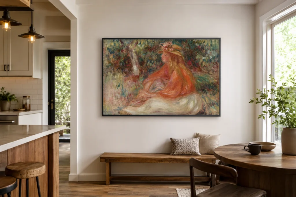 Framed print of Seated Woman (Femme assise) hanging on a wall in a furnished room