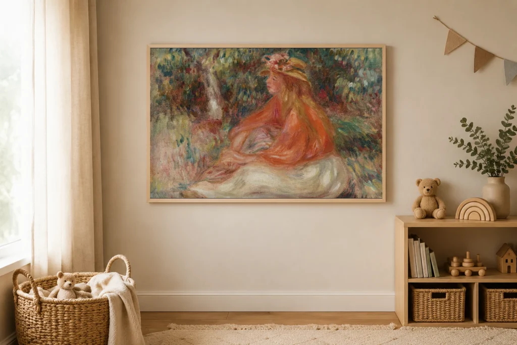 Framed print of Seated Woman (Femme assise) hanging on a wall in a furnished room