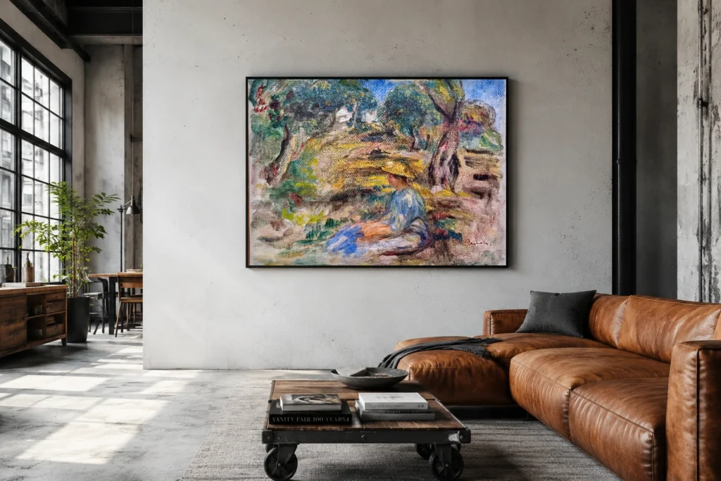 Framed print of Seated Woman in Blue hanging on a wall in a furnished room