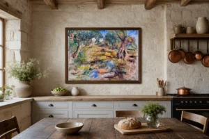 Framed print of Seated Woman in Blue hanging on a wall in a furnished room