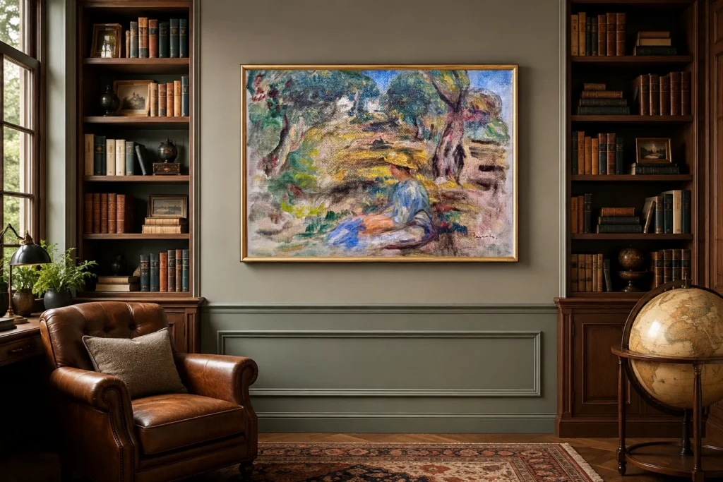 Framed print of Seated Woman in Blue hanging on a wall in a furnished room