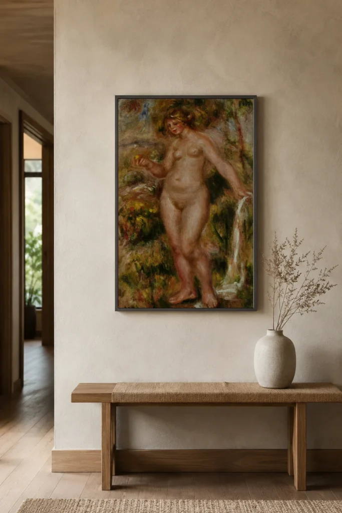 Framed print of Bather hanging on a wall in a furnished room