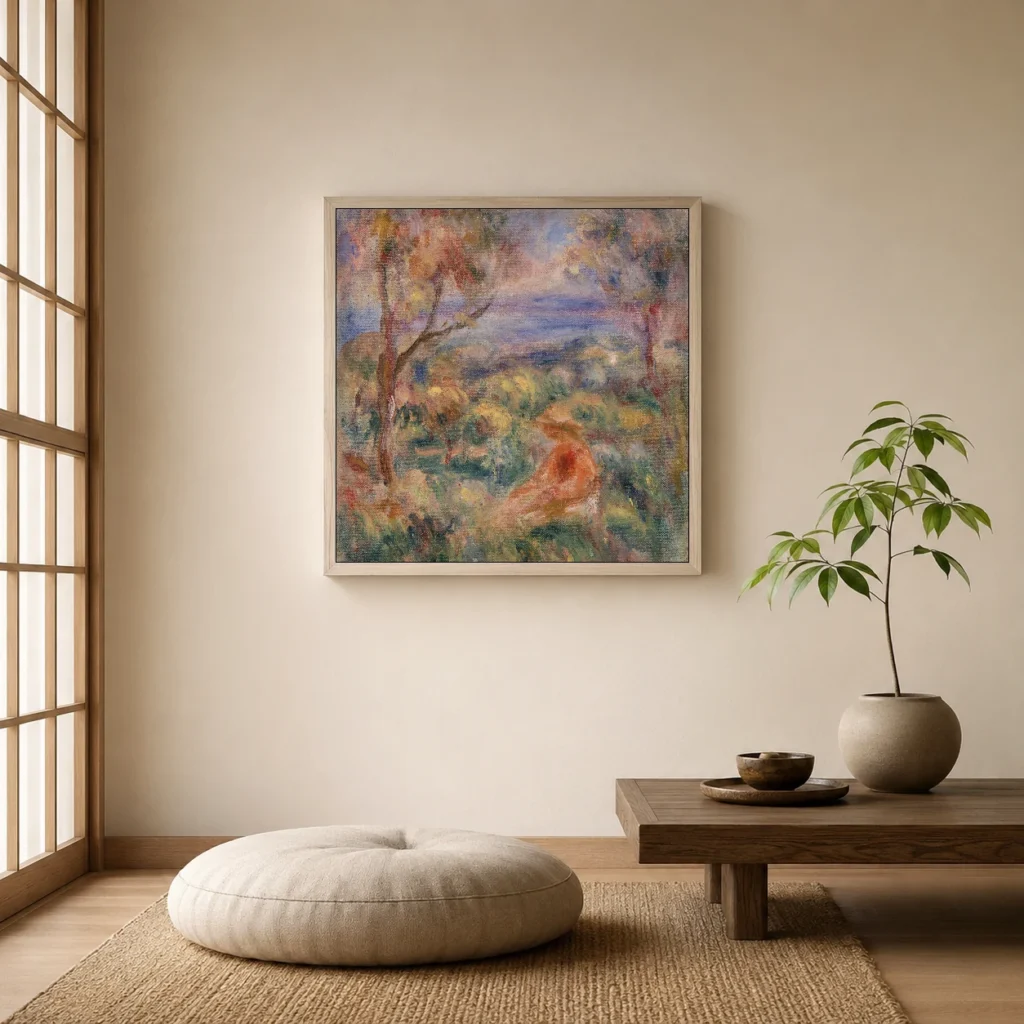 Framed print of Seated Woman with Sea in the Distance (Femme assise au bord de la mer) hanging on a wall in a furnished room