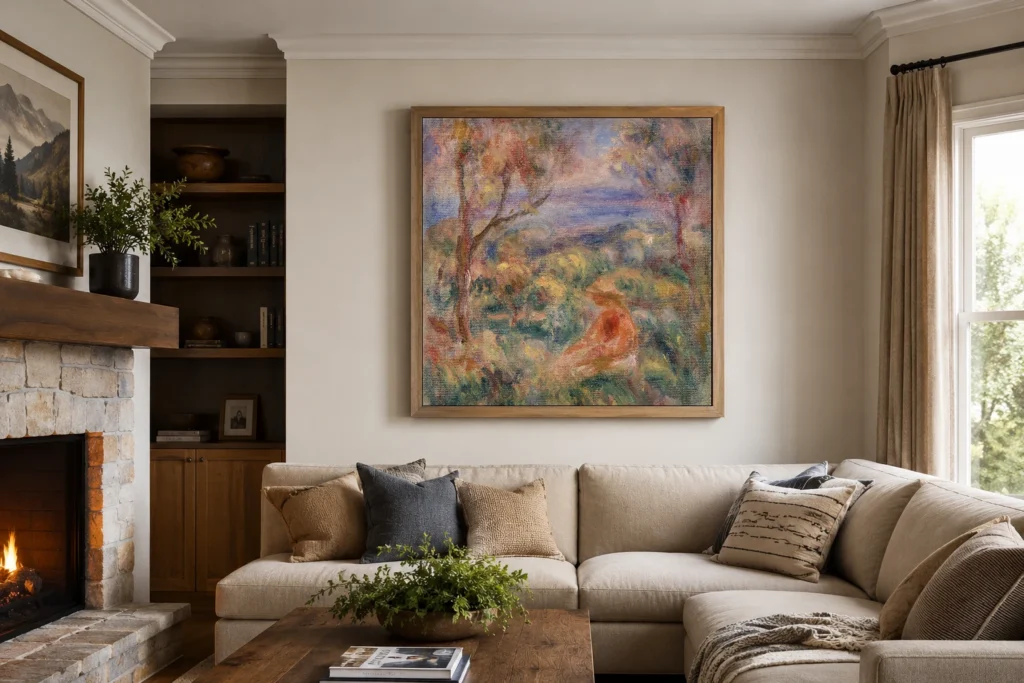 Framed print of Seated Woman with Sea in the Distance (Femme assise au bord de la mer) hanging on a wall in a furnished room