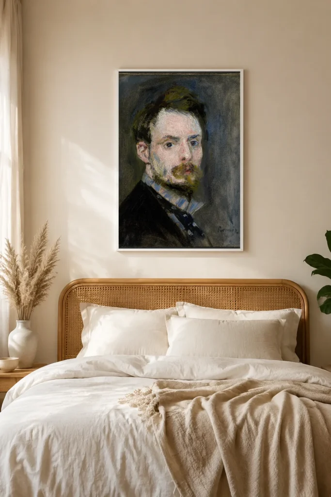 Framed print of Self-Portrait hanging on a wall in a furnished room
