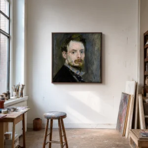 Framed print of Self-Portrait hanging on a wall in a furnished room