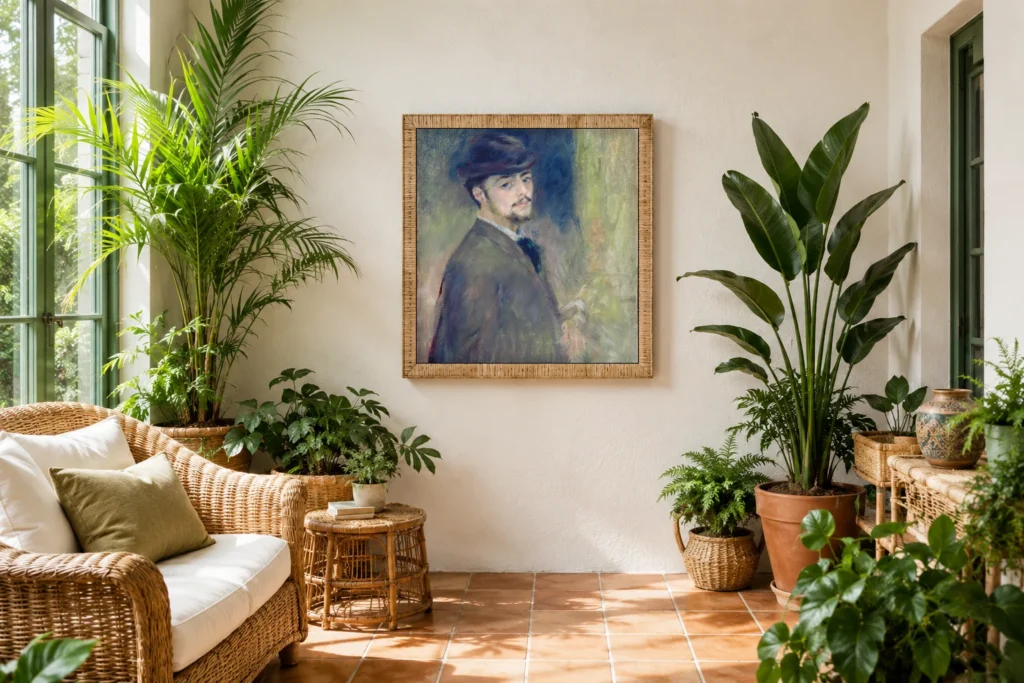 Framed print of Self-Portrait hanging on a wall in a furnished room