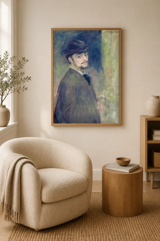 Framed print of Self-Portrait hanging on a wall in a furnished room