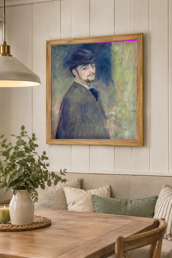 Framed print of Self-Portrait hanging on a wall in a furnished room