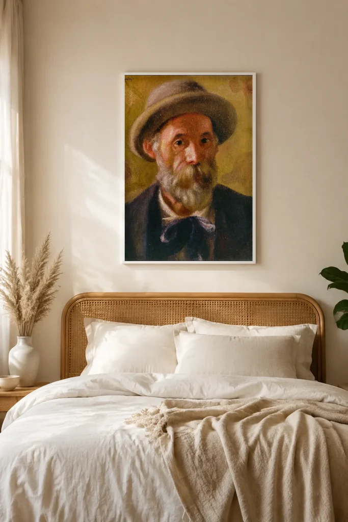 Framed print of Self-portrait hanging on a wall in a furnished room