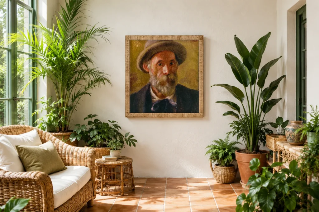 Framed print of Self-portrait hanging on a wall in a furnished room