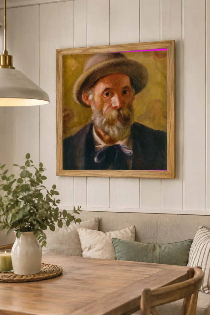 Framed print of Self-portrait hanging on a wall in a furnished room