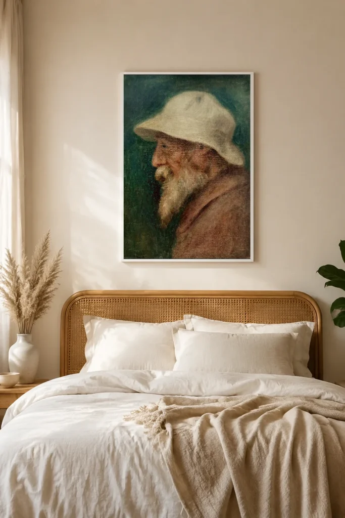 Framed print of Self-portrait hanging on a wall in a furnished room