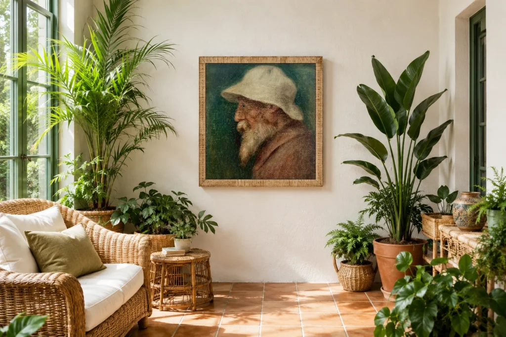 Framed print of Self-portrait hanging on a wall in a furnished room