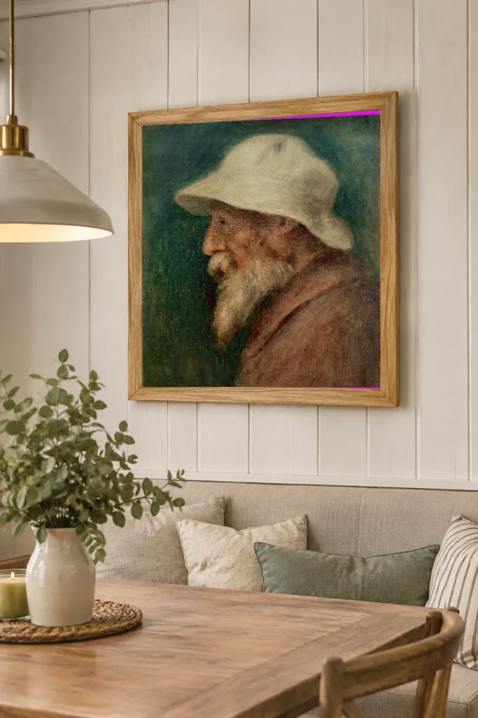 Framed print of Self-portrait hanging on a wall in a furnished room