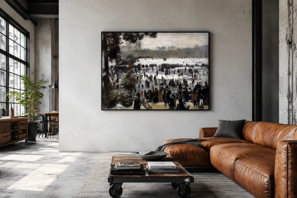 Framed print of Skaters in the Bois de Boulogne hanging on a wall in a furnished room