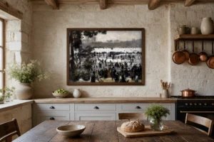 Framed print of Skaters in the Bois de Boulogne hanging on a wall in a furnished room