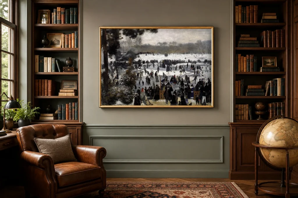 Framed print of Skaters in the Bois de Boulogne hanging on a wall in a furnished room