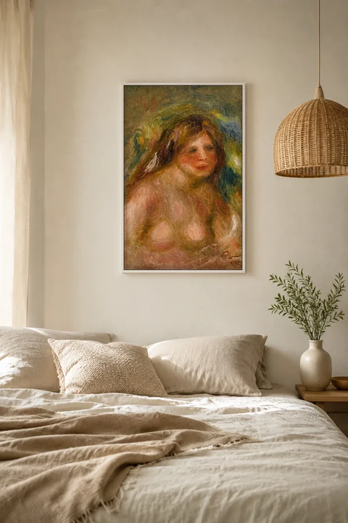 Framed print of Sketch of a Woman hanging on a wall in a furnished room