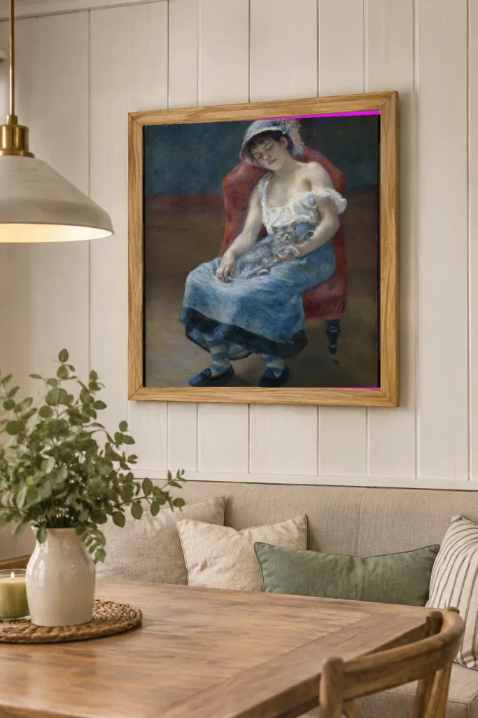 Framed print of Sleeping Girl hanging on a wall in a furnished room