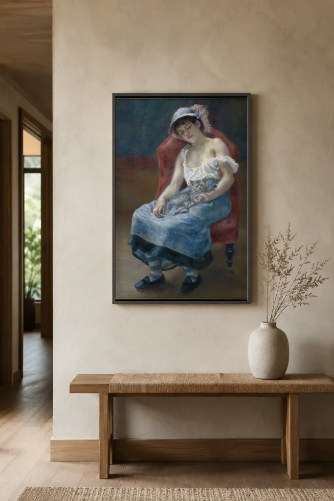Framed print of Sleeping Girl hanging on a wall in a furnished room