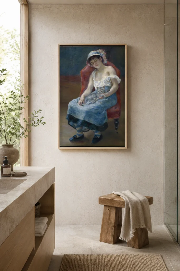 Framed print of Sleeping Girl hanging on a wall in a furnished room
