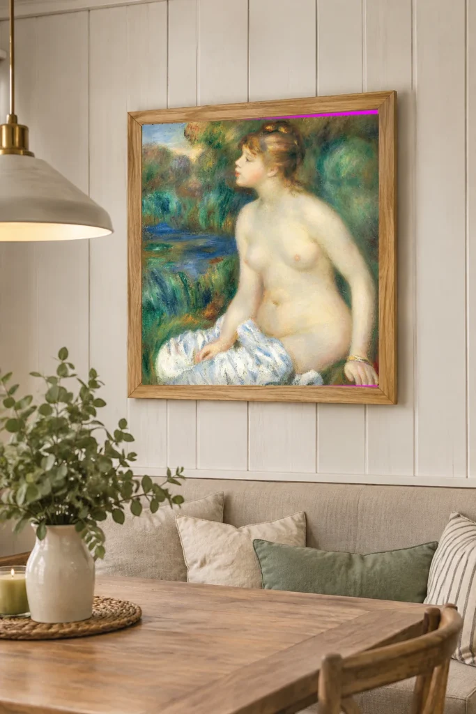 Framed print of Bather hanging on a wall in a furnished room