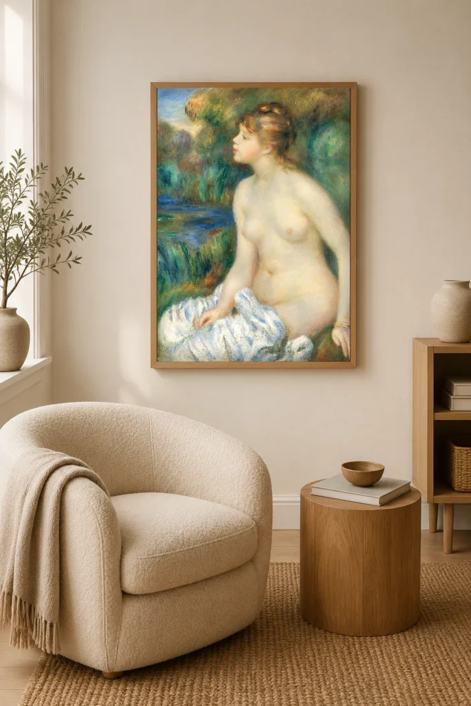 Framed print of Bather hanging on a wall in a furnished room