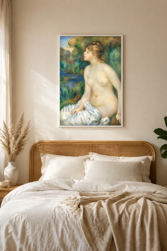 Framed print of Bather hanging on a wall in a furnished room