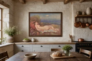 Framed print of Sleeping by the sea hanging on a wall in a furnished room