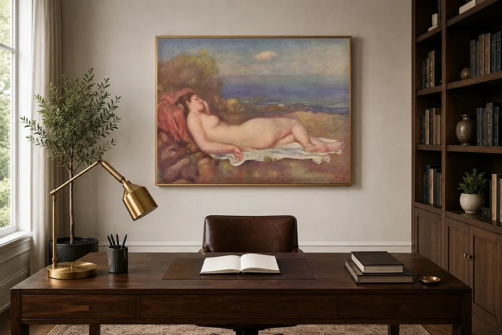 Framed print of Sleeping by the sea hanging on a wall in a furnished room