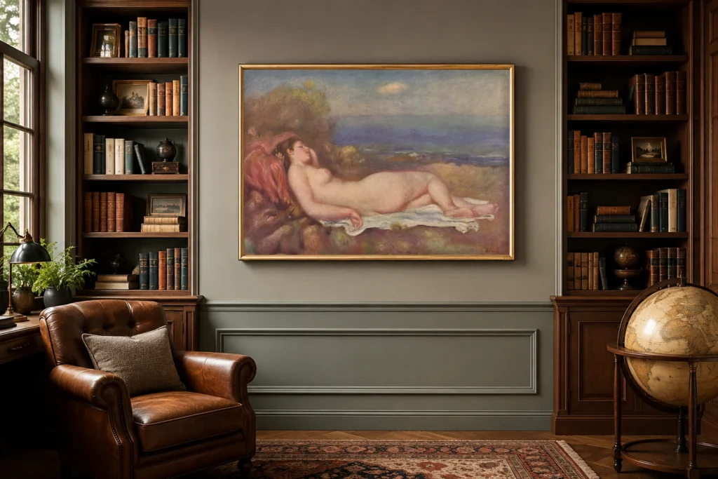 Framed print of Sleeping by the sea hanging on a wall in a furnished room