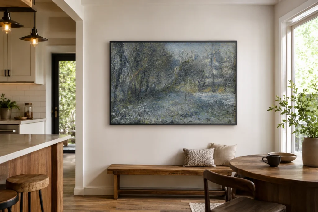 Framed print of Snow-covered Landscape hanging on a wall in a furnished room