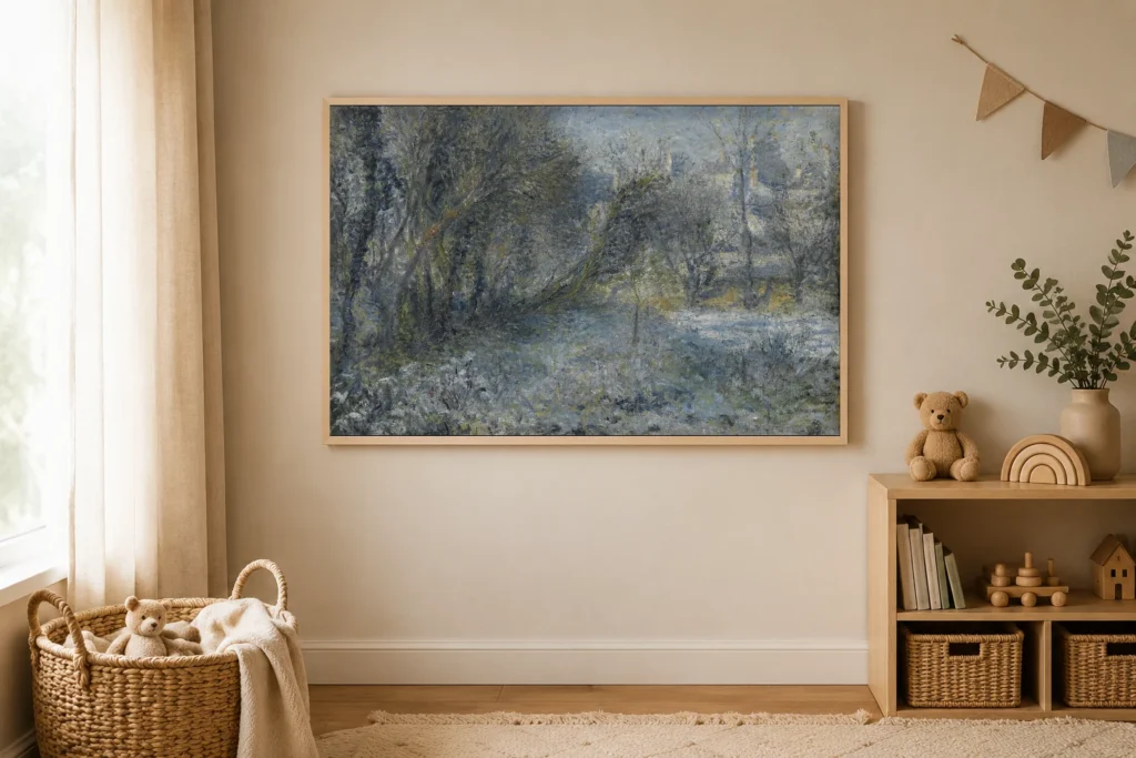 Framed print of Snow-covered Landscape hanging on a wall in a furnished room