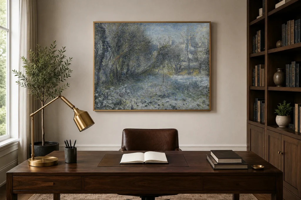 Framed print of Snow-covered Landscape hanging on a wall in a furnished room