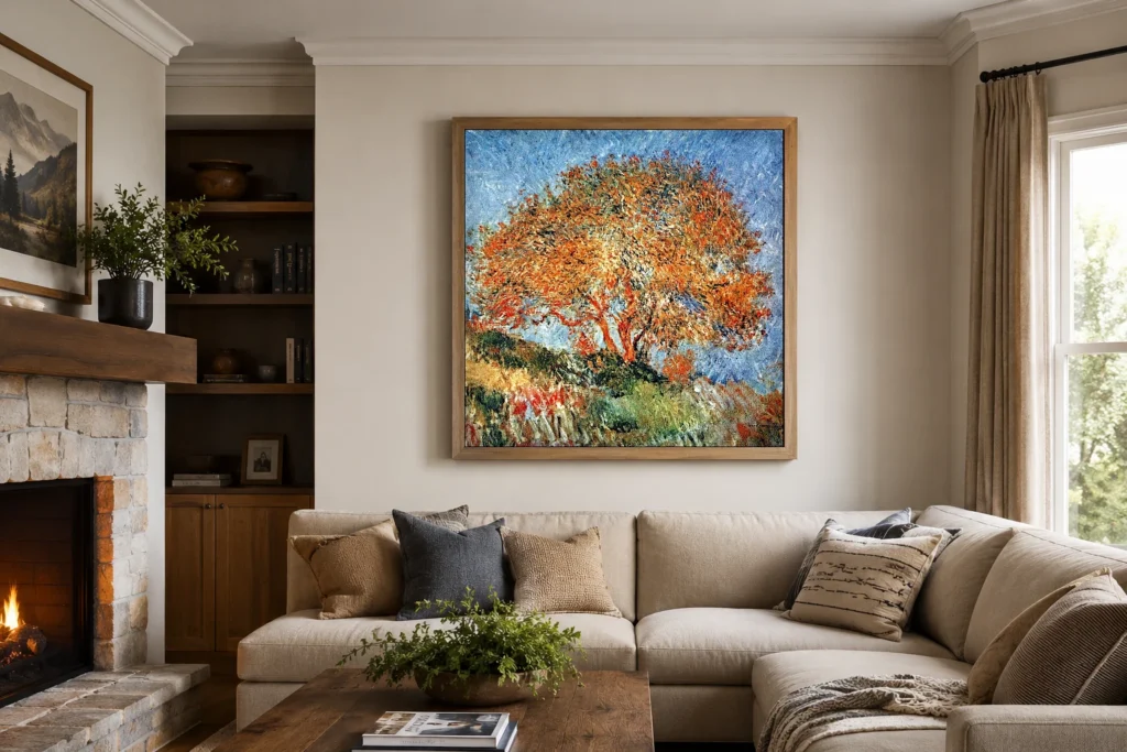 Framed print of Memory of Algiers hanging on a wall in a furnished room