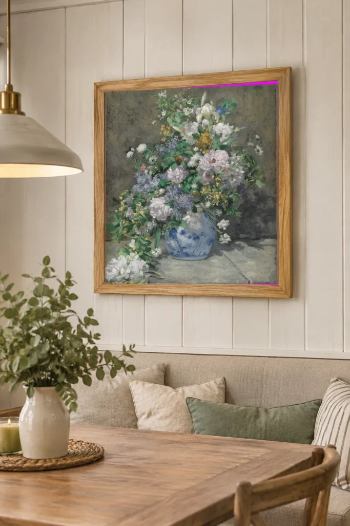 Framed print of Spring Bouquet hanging on a wall in a furnished room