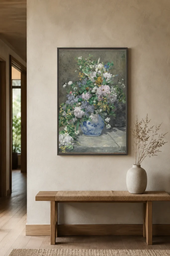 Framed print of Spring Bouquet hanging on a wall in a furnished room