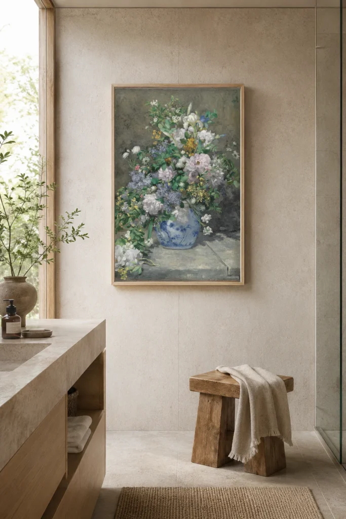 Framed print of Spring Bouquet hanging on a wall in a furnished room